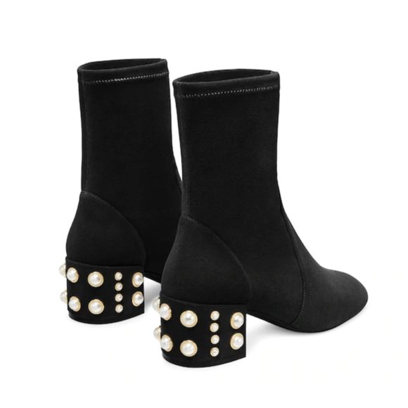NEVER WORN Stuart Weitzman Suede ODETTA 50 Pearl Studded Booties - Picture 2 of 4
